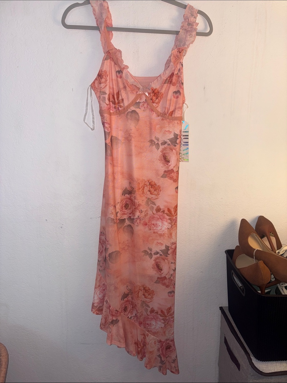 Almost Famous Floral Ruffle Slip Dress - Coral Pink
